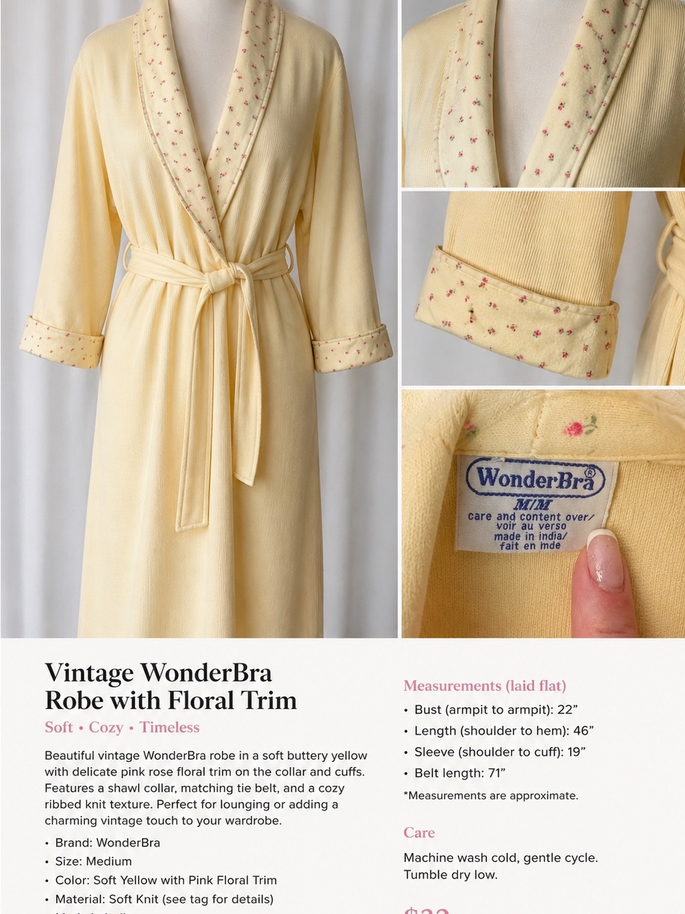 VINTAGE WonderBra Soft Yellow Robe with Pink Rose Trim
